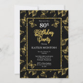 Invitation Elégante Black Gold Butterflies 80e fête d'anniver (Devant)