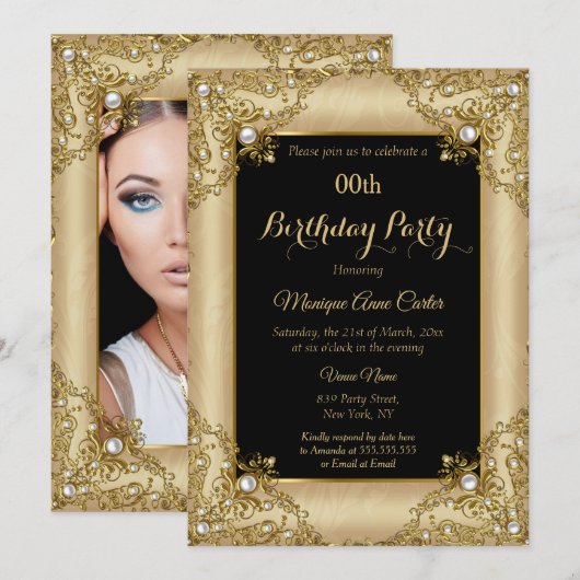Invitation Elégante Black Gold Cream Photo Anniversaire (Devant / Derrière)