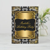 Invitation Elégante Black Gold Damask Brocade Anniversaire Pa (Debout devant)