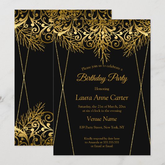 Invitation Elégante Black Gold Faux Foil fête d'anniversaire (Devant / Derrière)