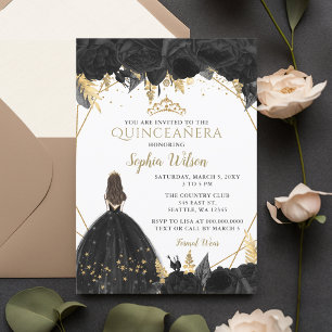 Invitation Elégante Black Gold Floral Princesse Quinceañera I