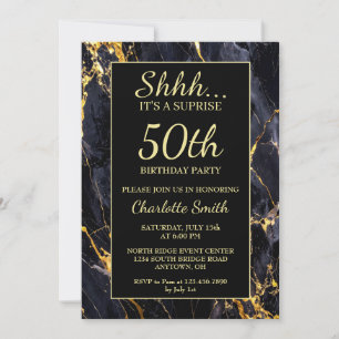 Invitation Elégante Black & Gold Marble 50e fête d'anniversai