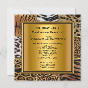 Invitation Élégante Black Gold Mixte Animal Birthday Party