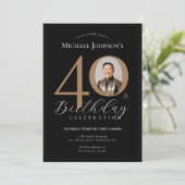 Invitation Elégante Black Gold Photo 40e anniversaire (Debout devant)