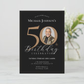 Invitation Elégante Black Gold Photo 50e anniversaire (Debout devant)