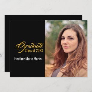 Invitation Élégante Black Gold Photo Célébration de la gradua
