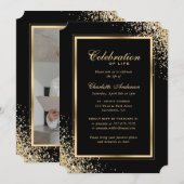 Invitation Elégante Black Gold Photo Célébration de la vie (Devant / Derrière)
