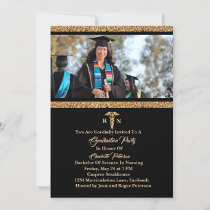 Invitation Élégante Black & Gold Photo Nurse Graduation Party