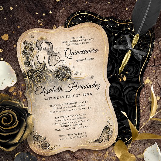 Invitation Elégante Black Gold Princesse Quinceanera Annivers