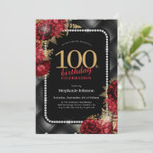 Invitation Élégante Black Gold Red Floral 100e fête d'anniver (Debout devant)