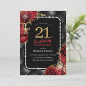 Invitation Élégante Black Gold Red Floral 21e fête d'annivers (Debout devant)