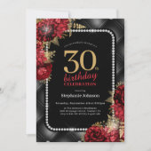 Invitation Elégante Black Gold Red Floral 30e fête d'annivers (Devant)