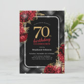 Invitation Elégante Black Gold Red Floral 70e fête d'annivers (Debout devant)