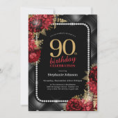 Invitation Elégante Black Gold Red Floral 90e fête d'annivers (Devant)