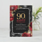 Invitation Elégante Black Gold Red Floral 90e fête d'annivers (Debout devant)