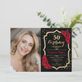Invitation Elégante Black Gold Red Photo 50e anniversaire (Debout devant)