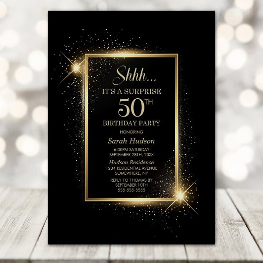 Invitation Elégante Black Gold Surprise 50e fête d'anniversai
