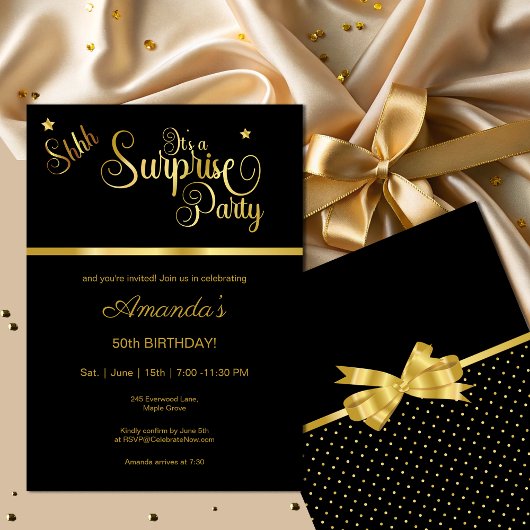 Invitation Elégante Black & Gold Surprise fête d'anniversaire