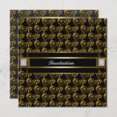 Invitation Élégante Black Gold Swirl Diamond Party (Devant / Derrière)