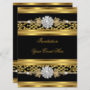 Invitation Élégante Black Lace Gold Jewel