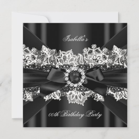 Invitation Elégante Black Pearl White Lace Bow fête d'anniver (Devant)