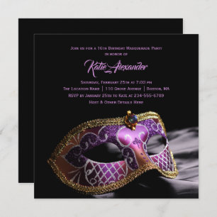 Invitation Élégante Black Purple Sweet 16 Masquerade Party
