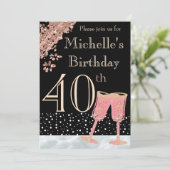 Invitation Elégante Black & Rose Gold 40e fête d'anniversaire (Debout devant)