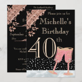 Invitation Elégante Black & Rose Gold 40e fête d'anniversaire (Devant / Derrière)