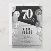 Invitation Elégante Black Silver Balloons 70e anniversaire (Devant)