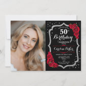 Invitation Elégante Black Silver Red Photo 50th Birthday (Devant)