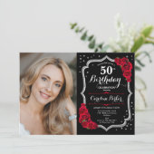 Invitation Elégante Black Silver Red Photo 50th Birthday (Debout devant)