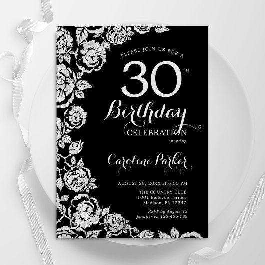 Invitation Elégante Black Silver Roses 30e anniversaire fête
