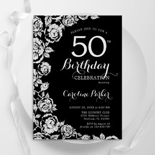 Invitation Elégante Black Silver Roses 50e anniversaire fête