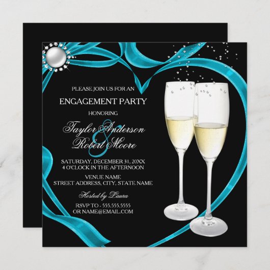 Invitation Elégante Black Silver & Turquoise Engagement Party (Devant / Derrière)
