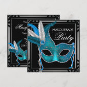 Invitation Élégante Black Turquoise Blue Masquerade Party (Devant / Derrière)