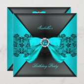 Invitation Élégante Black Turquoise Pearl Bow fête d'annivers (Devant / Derrière)