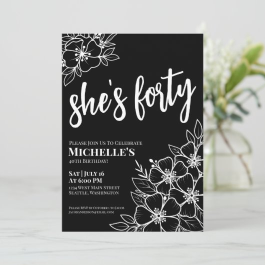 Invitation Elégante Black White 40e fête d'anniversaire (Debout devant)