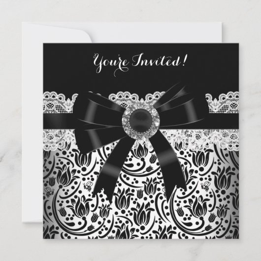 Invitation Elégante Black White Damask Jewel Anniversaire Par (Devant)