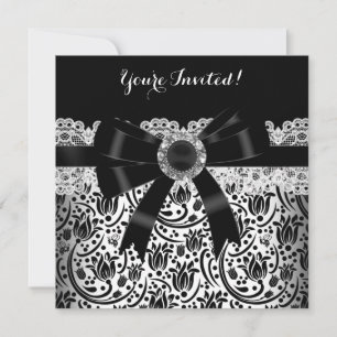Invitation Elégante Black White Damask Jewel Anniversaire Par