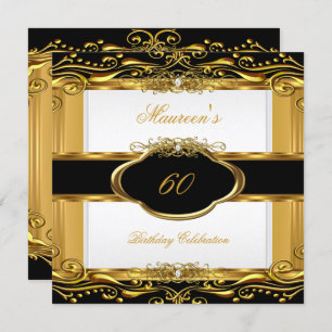 Invitation Elégante Black White Gold 60e fête d'anniversaire
