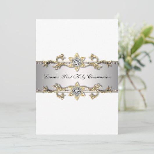 Invitation Élégante Black White Gold Girls Première communion (Debout devant)