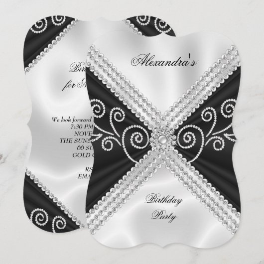 Invitation Elégante Black White Silk Jewel Anniversaire (Devant / Derrière)