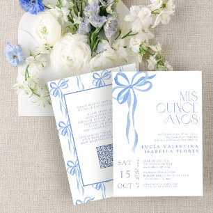 Invitation Elégante Bleu Bow Mis Quince Años QR Quinceañera