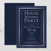 Invitation Elégante Bleu foncé Fête d'Argent Bordure Houseéch (Devant / Derrière)