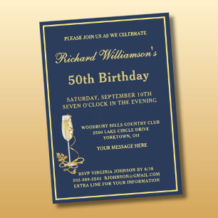 Invitation élégante bleu marine et or pour fête de