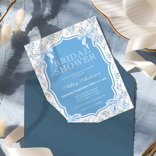 Invitation Elégante Bleue Bow Floral Douche nuptiale Invitati
