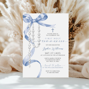Invitation Elégante Bleue Bow & Rosaire Première Sainte Commu