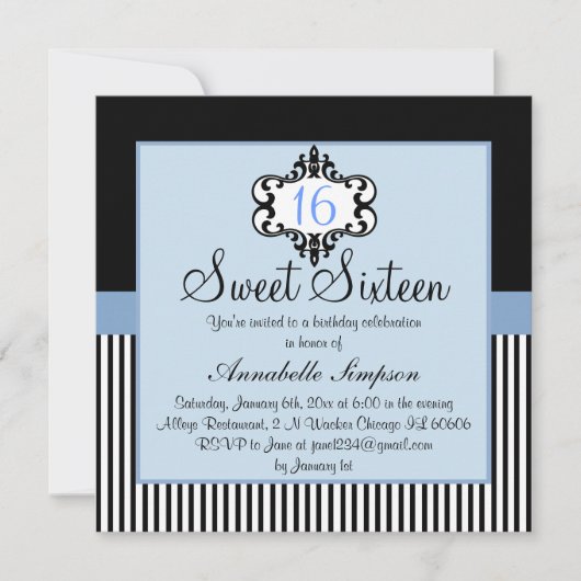 Invitation élégante bleue et noire pour un Sweet 1 (Devant)