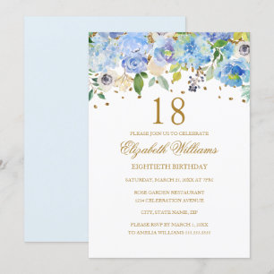 Invitation élégante bleue et or avec fleurs pour 1