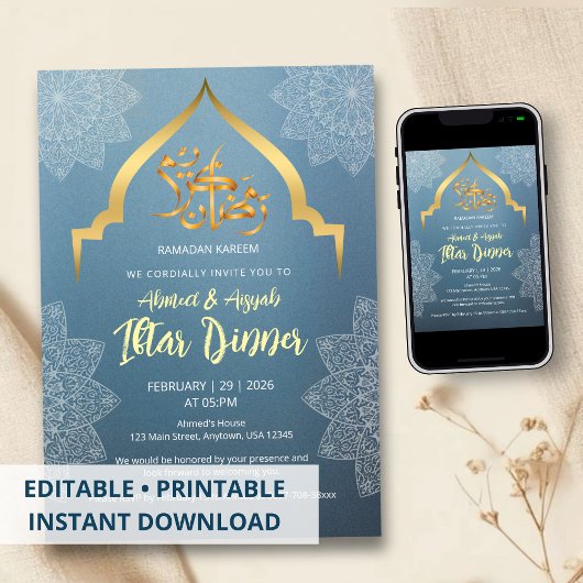 Invitation élégante bleue et or pour Iftar